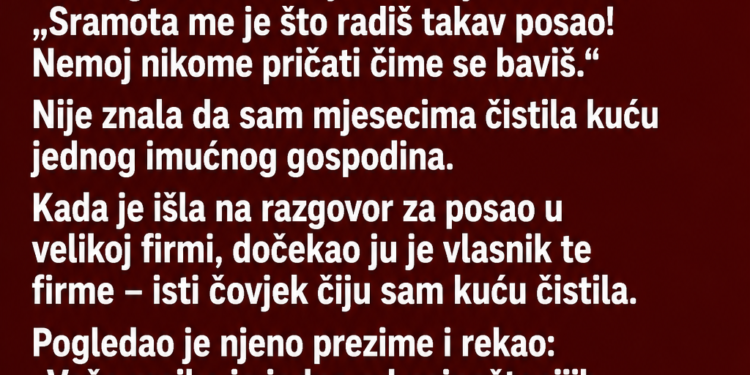 KĆERKA MI JE REKLA DA JE SRAMOTA ŠTO RADIM KAO ČISTAČICA – NIJE ZNALA KO JE ČOVJEK ČIJU SAM KUĆU ČISTILA