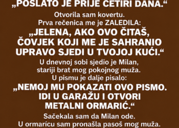 TRI GODINE NAKON MUŽEVE SMRTI POŠTAR MI JE DONIO PISMO KOJE JE ON POSLAO — KADA SAM GA OTVORILA, PRVA REČENICA JE BILA: „JELENA, AKO OVO ČITAŠ, ČOVJEK KOJI ME JE SAHRANIO UPRAVO SJEDI U TVOJOJ KUĆI…“