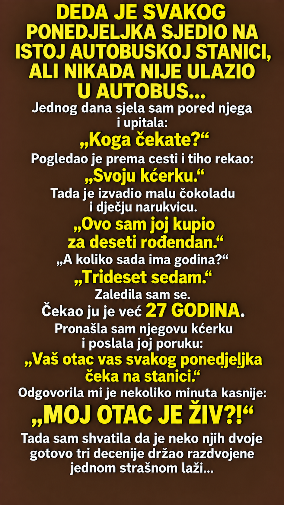 DEDA JE SVAKOG PONEDJELJKA SJEDIO NA ISTOJ AUTOBUSKOJ STANICI, ALI NIKADA NIJE ULAZIO U AUTOBUS — JEDNOG DANA SAM SJELA PORED NJEGA I SAZNALA KOGA ČEKA VEĆ 27 GODINA…